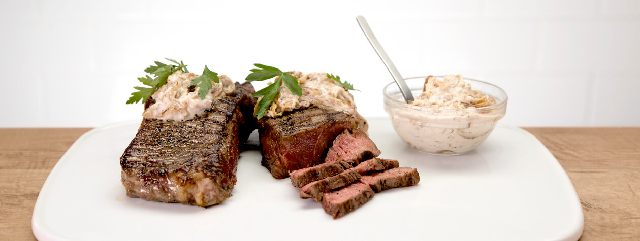 Grilled New York Strip with FAGE Total and Caramelized Onion-Horseradish Sauce