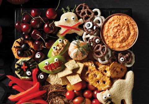 Halloween Party Platter with Roasted Red Pepper Yogurt Dip