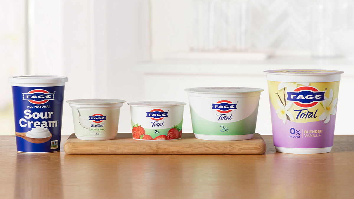 FAGE BestSelf, Sour Cream, FAGE TOTAL, FAGE TOTAL BLENDED, AND FAGE Split cup