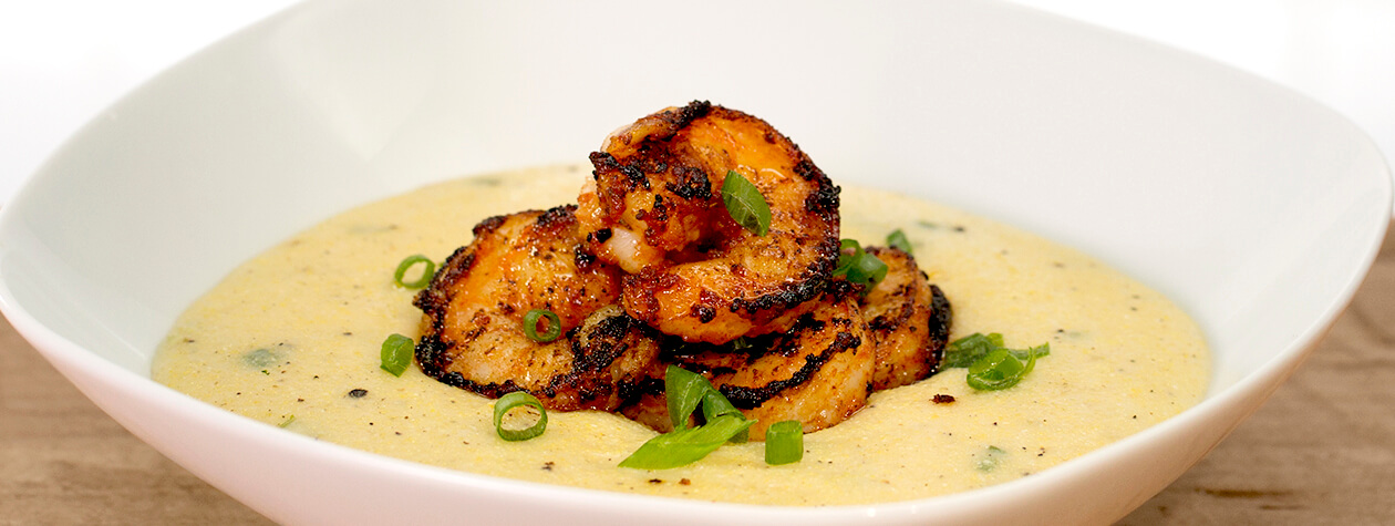 Blackened Shrimp with Creamy Yogurt Grits, Green Onion and FAGE Total