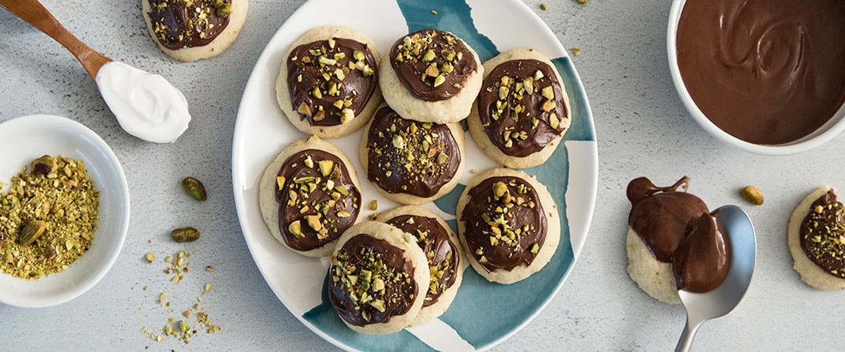 Dark Chocolate Glazed Pistachio Cookies with FAGE Total