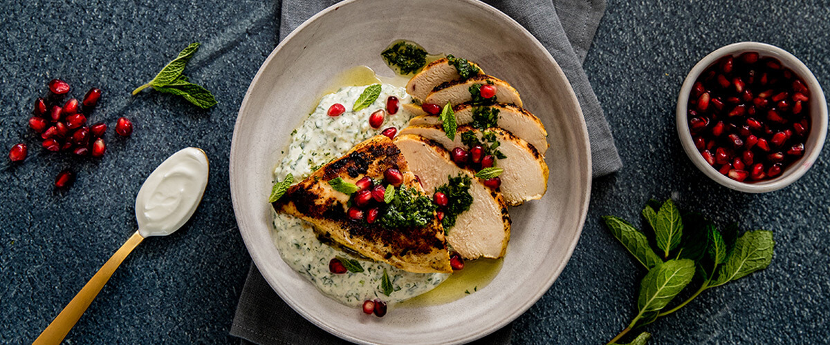 Coconut Curry Chicken with Mint Raita and Pomegranate Seeds