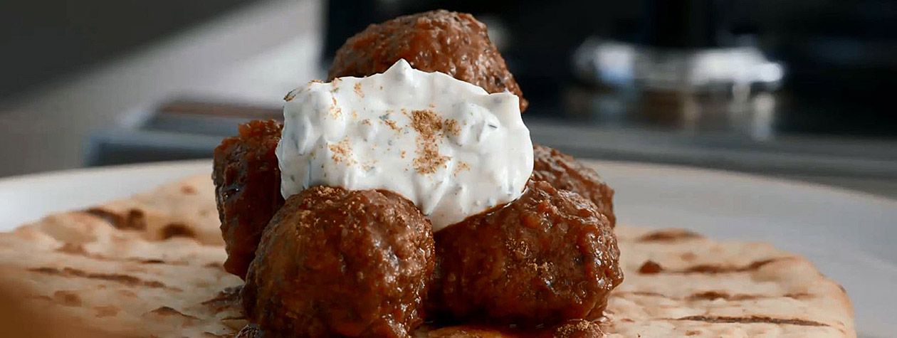 Greek Meatballs with Red Wine Tomato Sauce and Fresh Herb Yogurt Sauce with FAGE Total