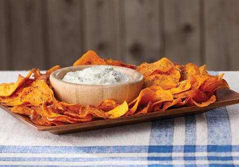 Fried Sweet Potato Chips with Sour Cream & Chive Dip 