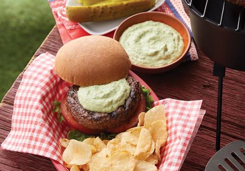 Burgers Topped with Avocado Sour Cream Spread
