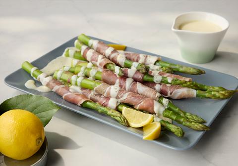 Prosciutto Wrapped Asparagus with Lemon Yogurt Glaze 