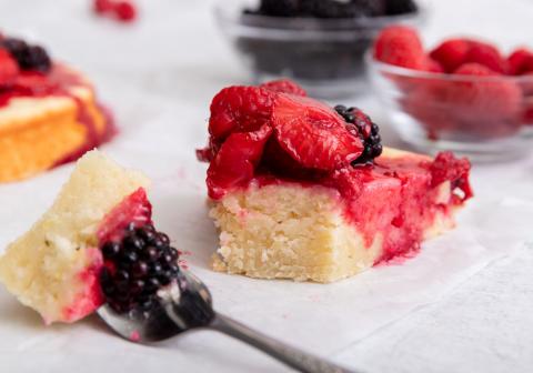 Sour Cream Cake with Mixed Berry Compote