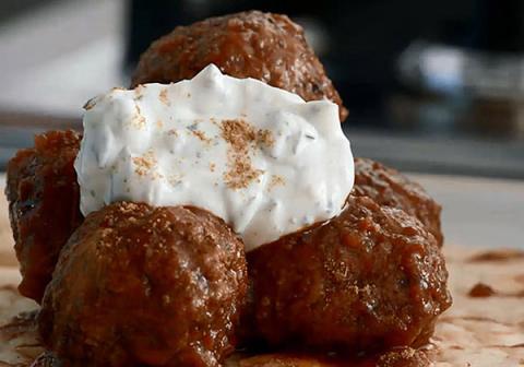 Greek Meatballs with Red Wine Tomato Sauce and Fresh Herb Yogurt Sauce with FAGE Total